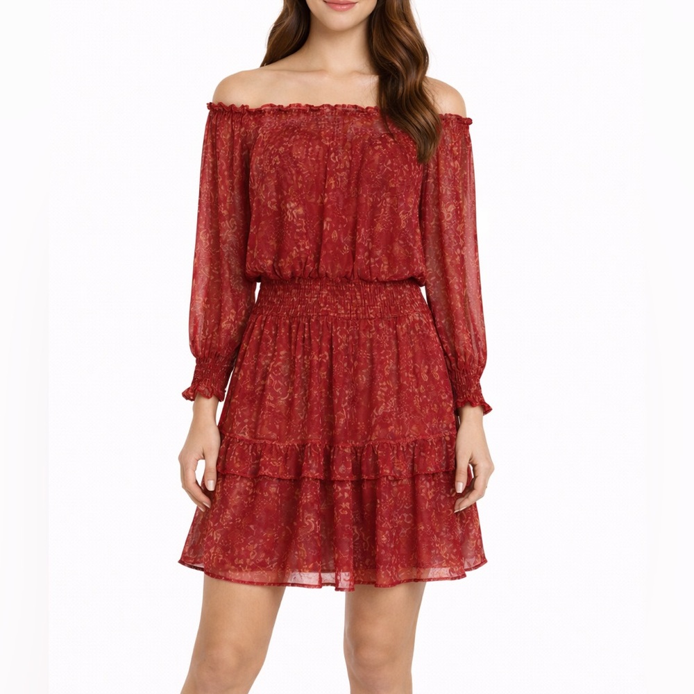 NWT Poupette St Barth Red Sylvia off Shoulder Mini Dress, Size S